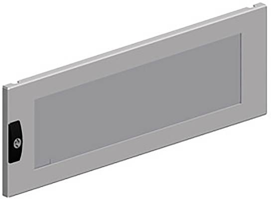 Graues Metallpanel mit rechteckiger Form, schwarzem Griff auf der linken Seite und Schlüsselöffnung, wahrscheinlich eine elektronische Komponente.