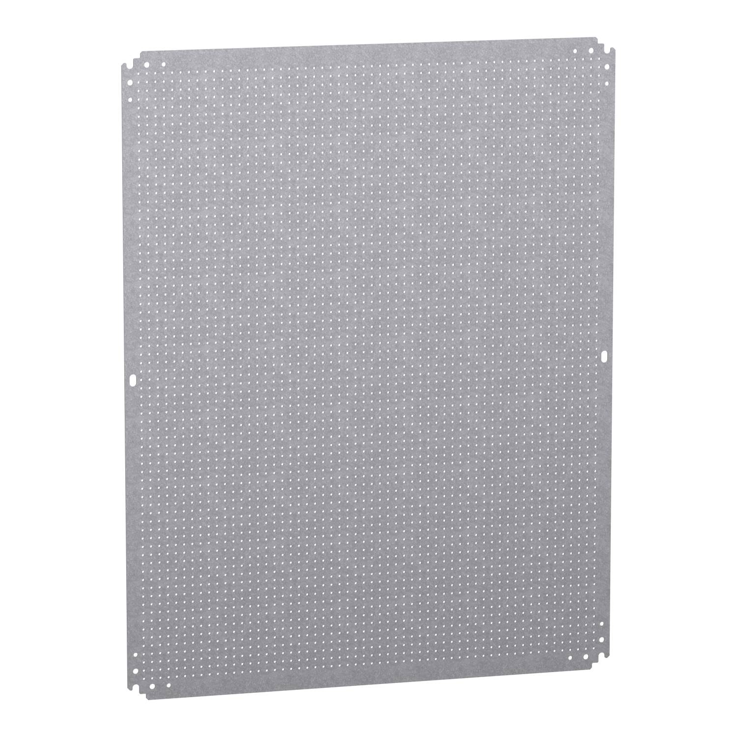 Eine perforierte Montageplatte für Schaltschränke, rechteckig mit Befestigungslöchern an den Ecken, aus Metall.