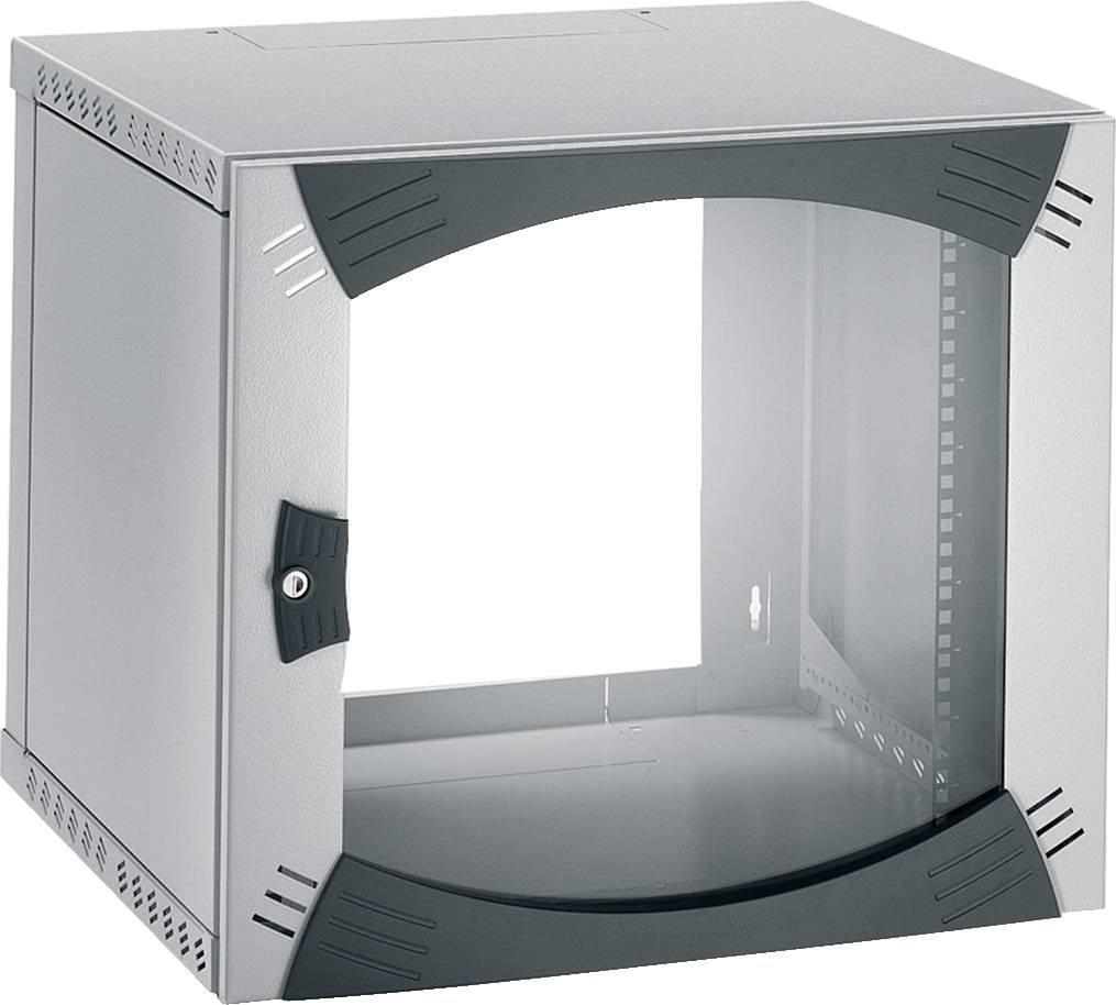 Ein graues, rechteckiges Rackmount-Gehäuse mit einer Glastür und schwarzem Rahmen, für Netzwerk- oder Serverhardware geeignet.