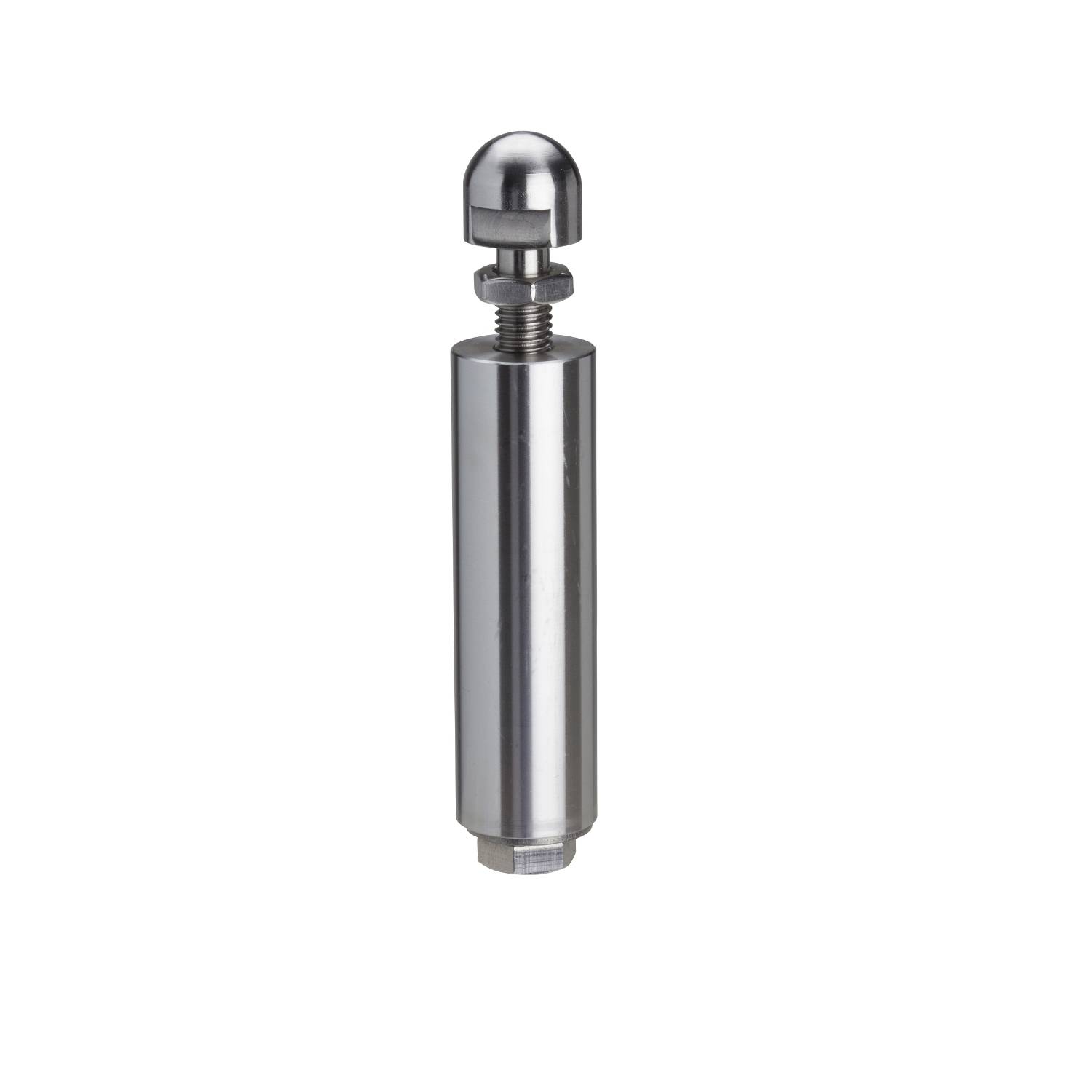 Metallischer Zylinder mit Kuppel-Kopf und Schraubgewinde, vermutlich ein maschineller oder technischer Bestandteil.