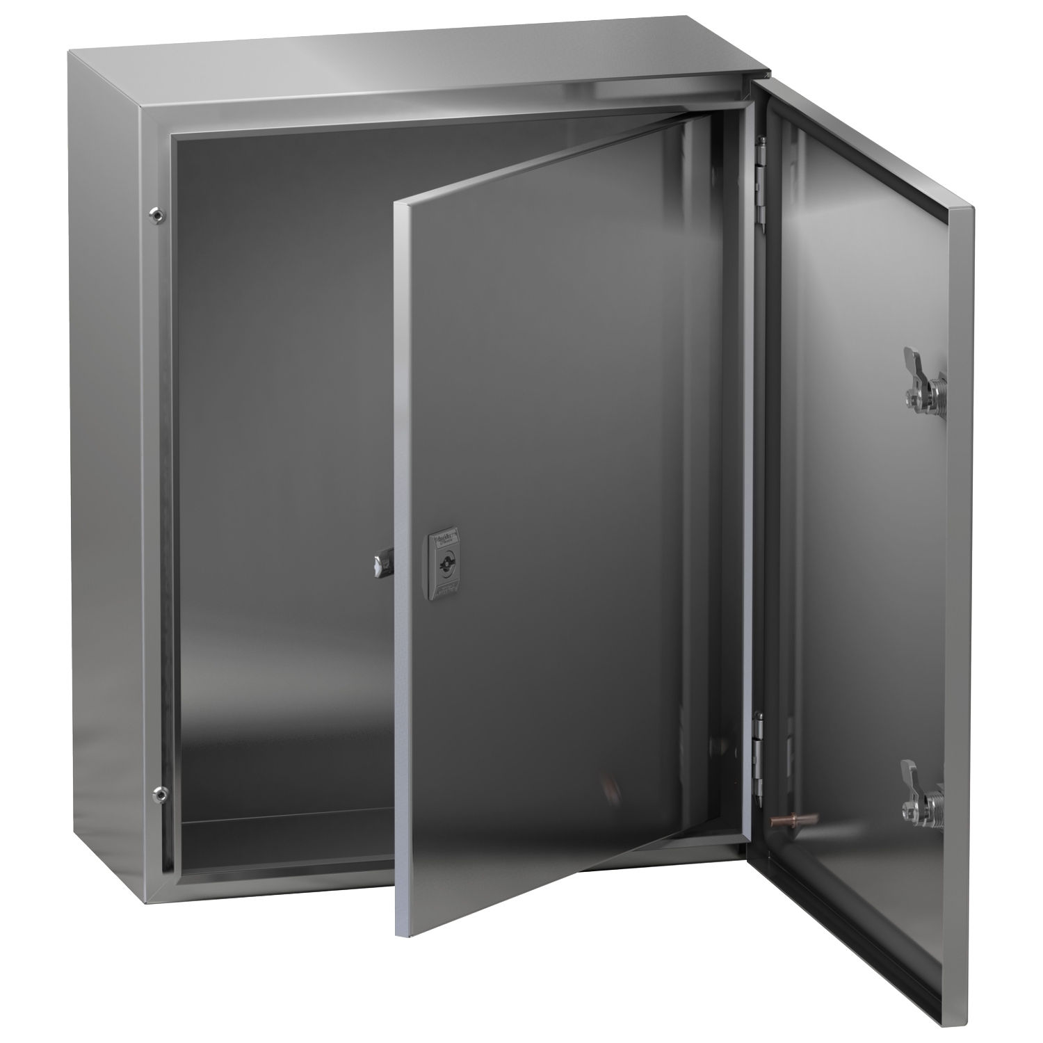 Offener grauer Metallschrank mit zwei Türen, die nach rechts geöffnet sind, zeigt einen leeren Innenraum.