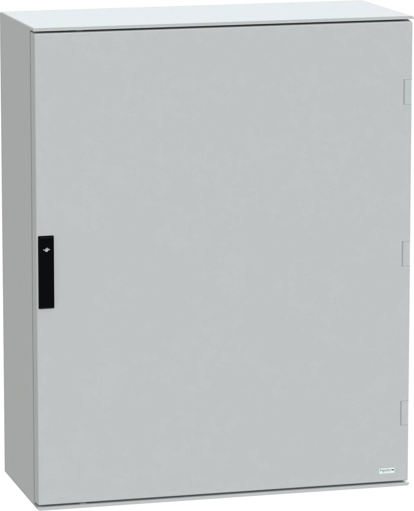 Eine graue Metallverteilerschrankgehäuse mit einem schwarzen Verschlusshebel, entwickelt zum sicheren Gehäuse von elektrischen Komponenten.
