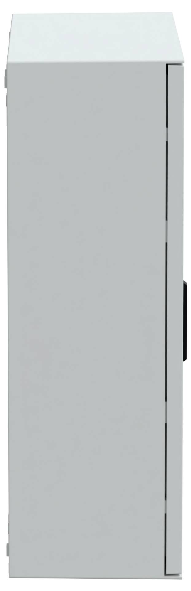 Ein grauer Metalllagerschrank, von der Seite betrachtet, mit einem sichtbaren Griff auf der rechten Seite, der ein minimalistisches und funktionales Design zeigt.
