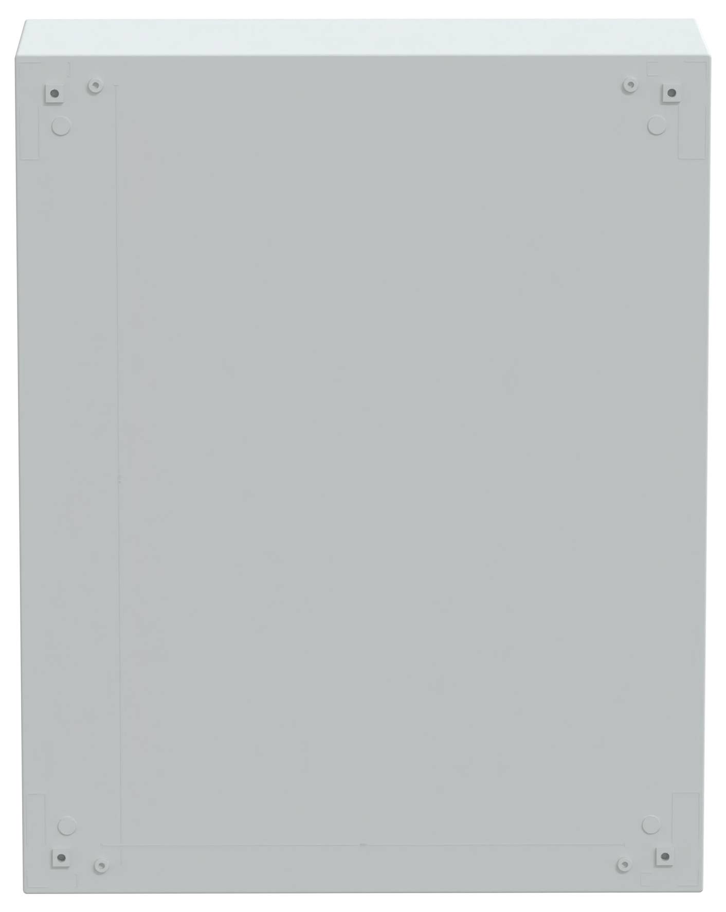 Eine schlichte graue rechteckige Oberfläche, möglicherweise ein Panel oder eine Tür, mit sichtbaren Schrauben in jeder Ecke.