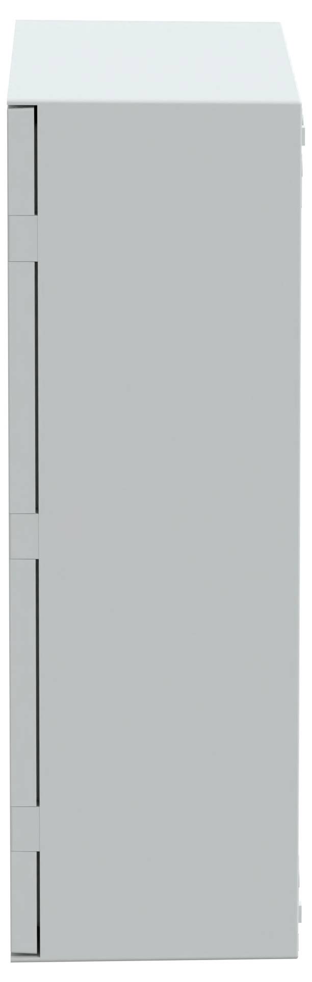 Ein grauer Metallschrank, von der Seite betrachtet, der seine glatte Oberfläche und Scharnierelemente auf der linken Seite zeigt.