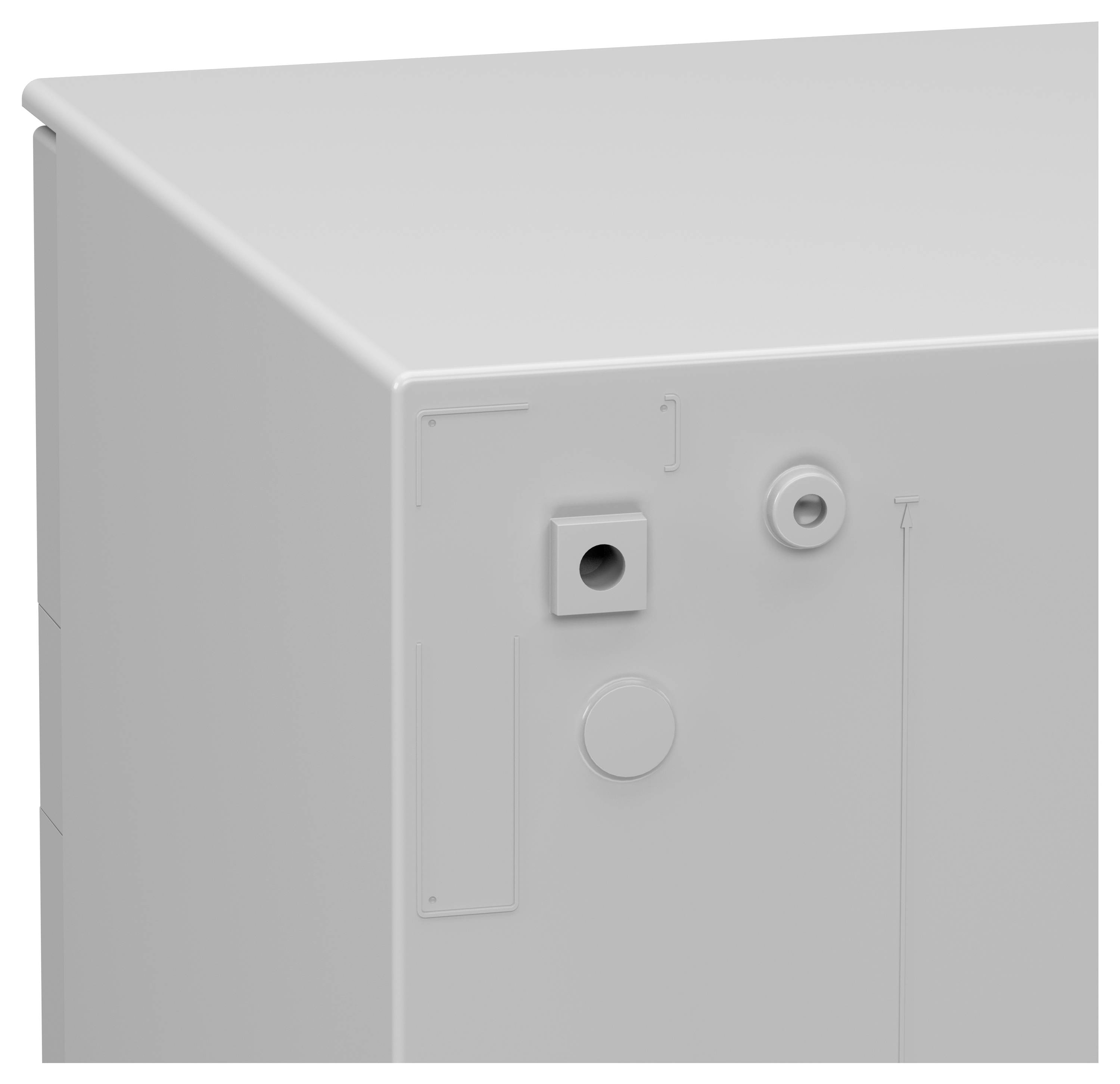 Das Bild zeigt eine schlichte weiße rechteckige Box mit verschiedenen kleinen runden und quadratischen Ausschnitten an ihrer Seite, höchstwahrscheinlich eine elektrische Verteilerdose.