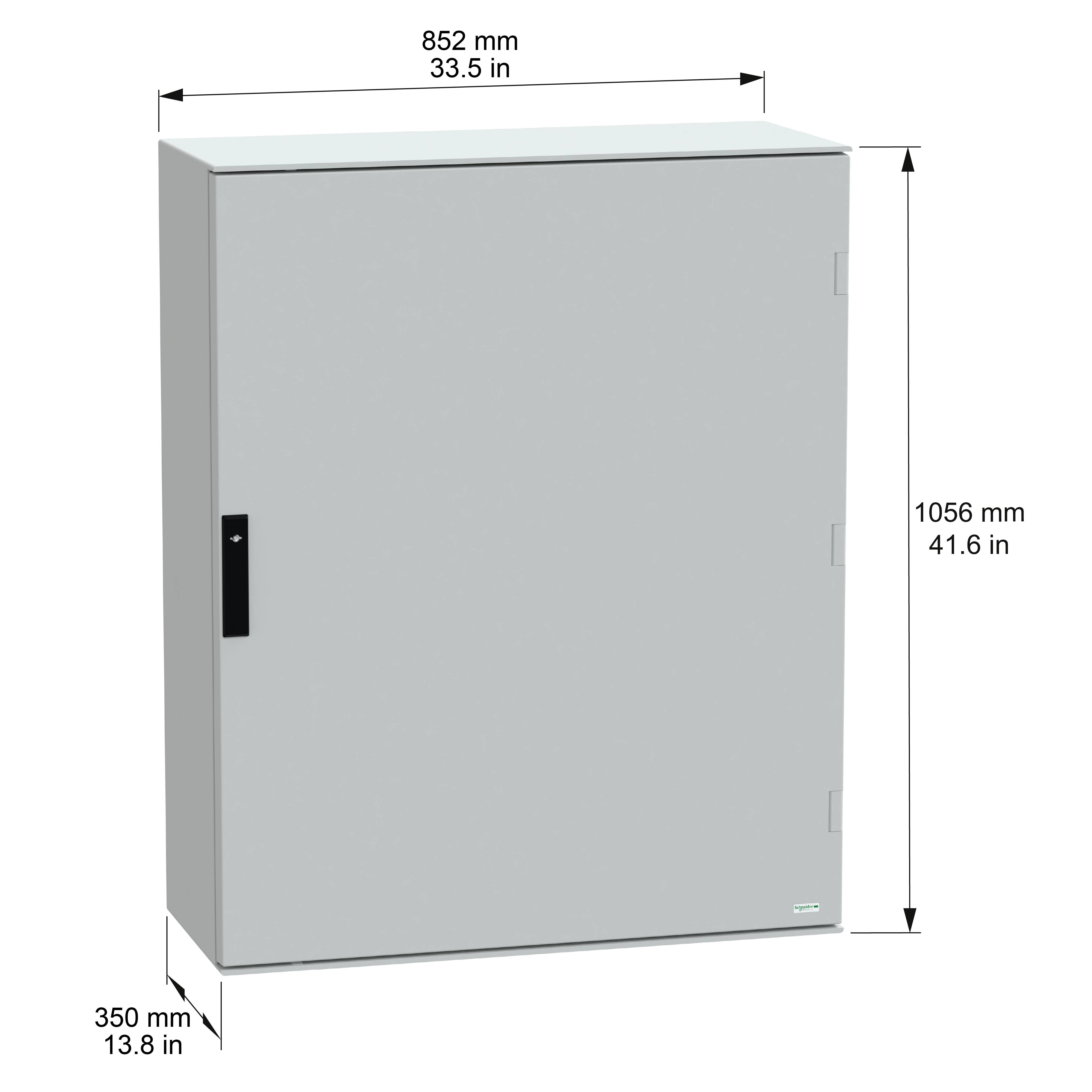 Ein grauer Metallschrank mit angegebenen Abmessungen: 852 mm (33,5 Zoll) breit, 1056 mm (41,6 Zoll) hoch und 350 mm (13,8 Zoll) tief.