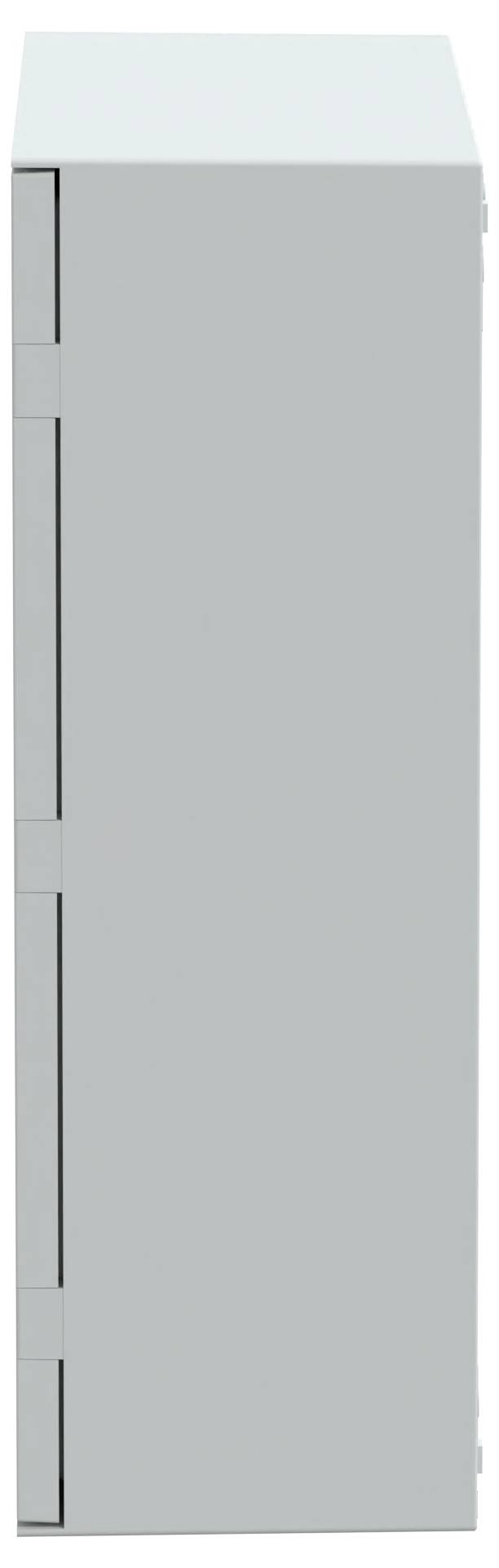 Ein schlichter, geschlossener grauer Schrank, von der Seite betrachtet, der seine minimalistische Struktur und drei sichtbare Scharniere zeigt.