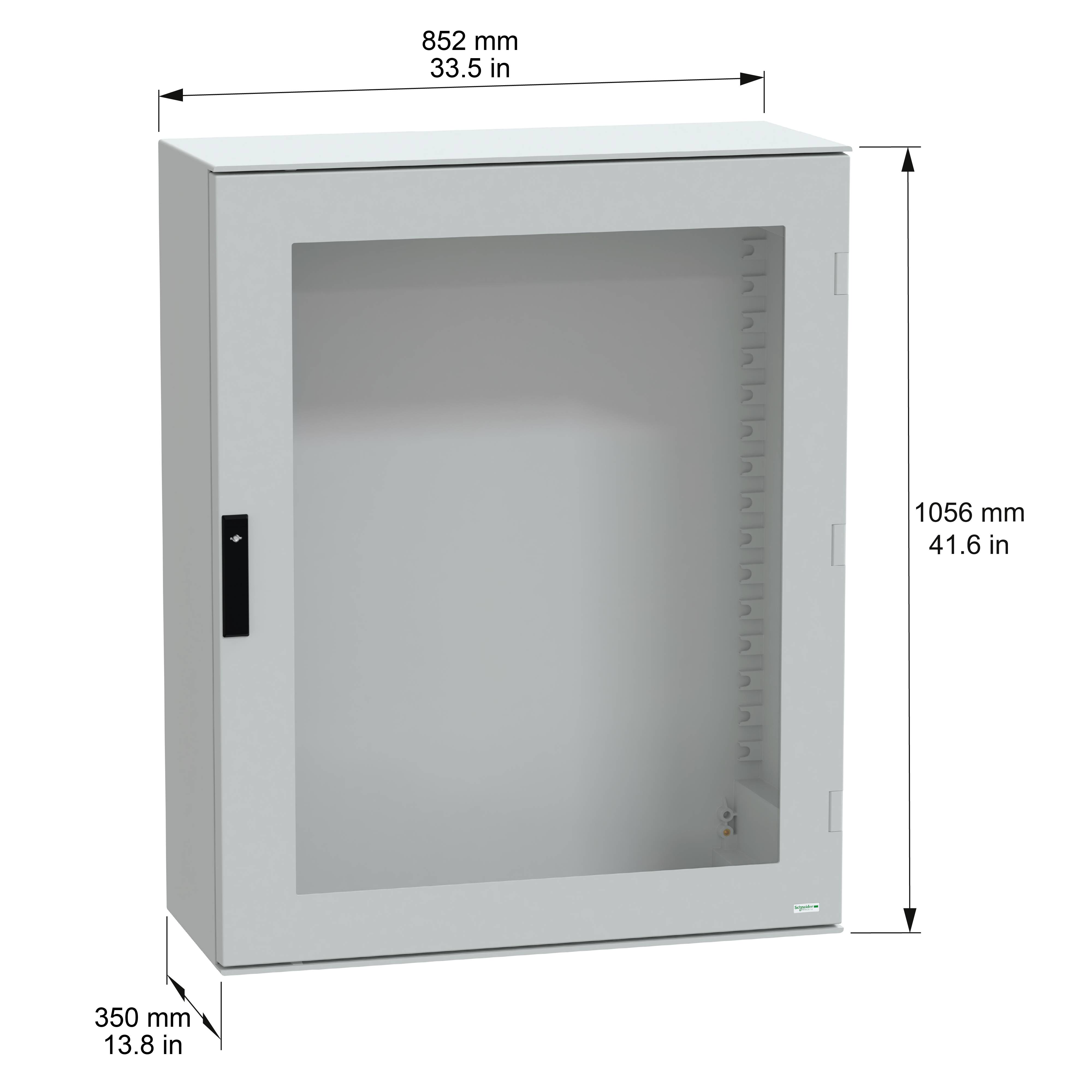 Wandschrank mit transparenter Front, 852 mm (33,5 in) breit, 1056 mm (41,6 in) hoch und 350 mm (13,8 in) tief.