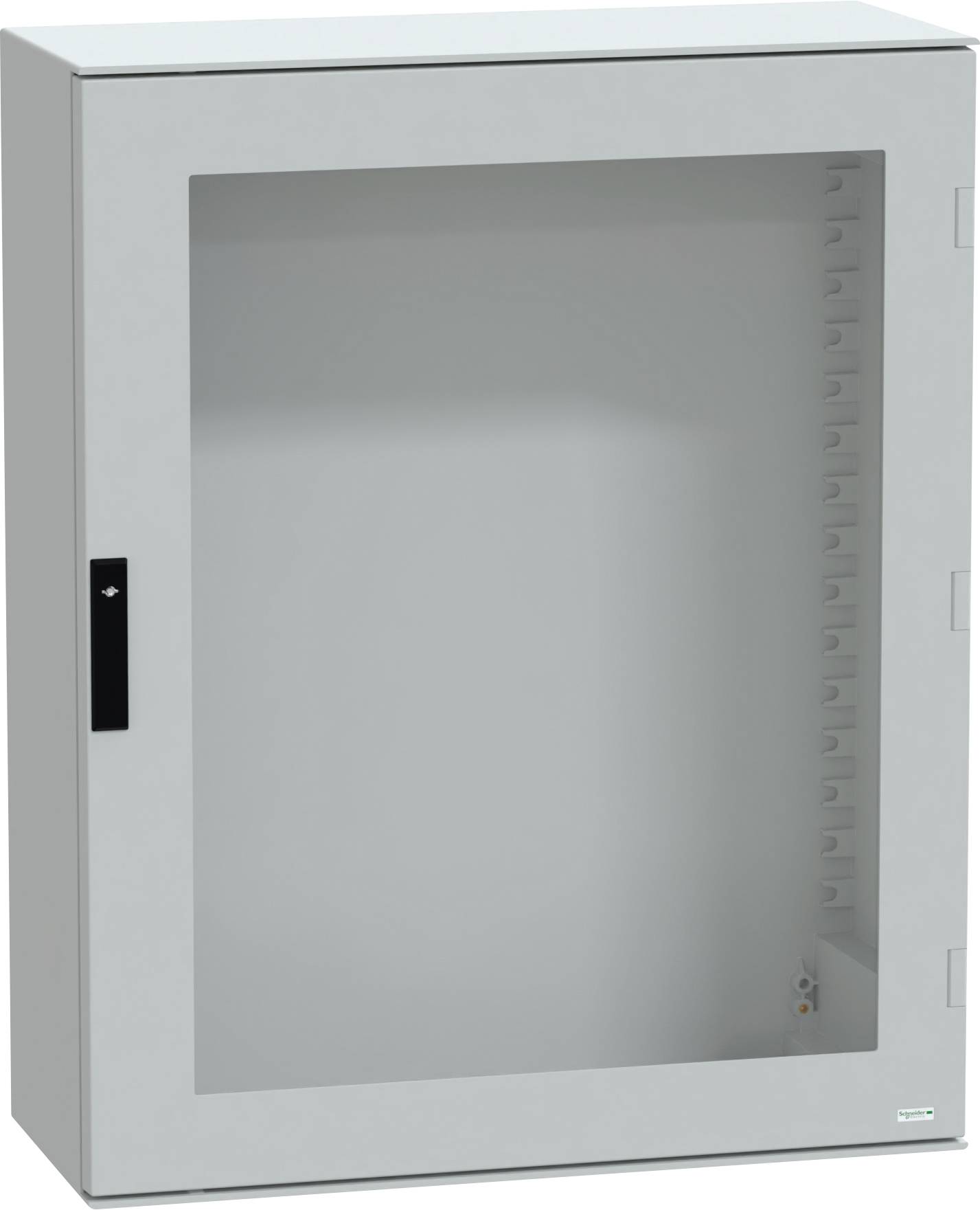 Ein grauer, wandmontierter Schrank mit einer transparenten Fronttür, die Innenbefestigungshalterungen zeigt, geeignet zur Organisation von elektronischen Geräten.