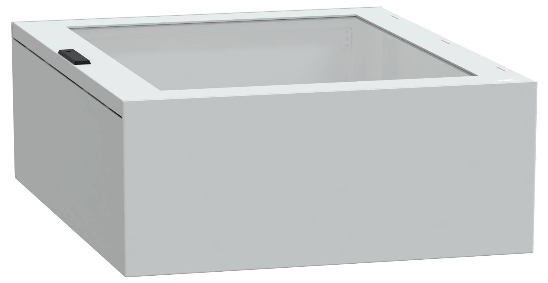 Eine quadratische graue Metallbox mit einem transparenten Deckel, versehen mit einem kleinen schwarzen Riegel an der Seite.