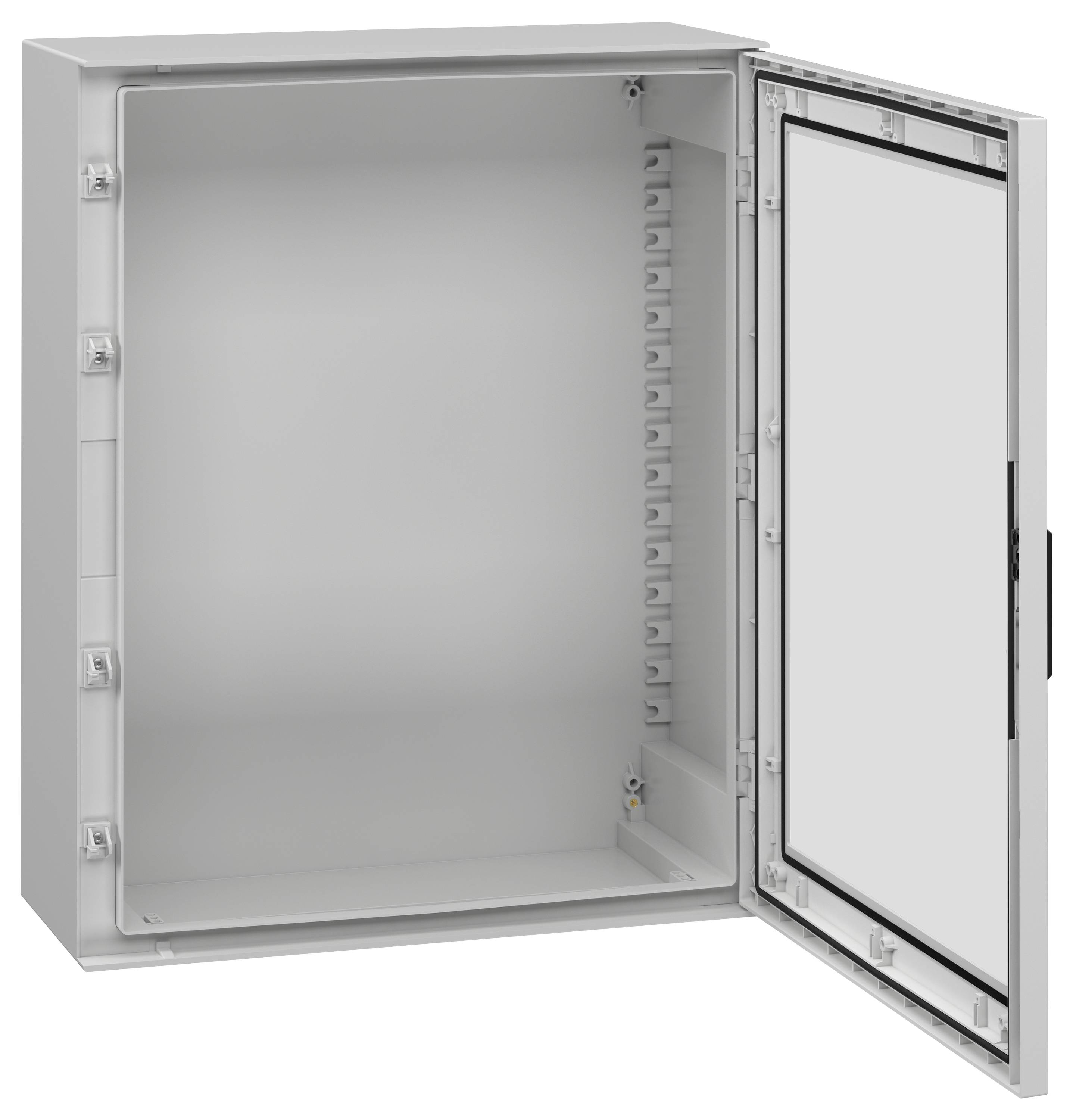 Ein offener, leerer grauer Metallschaltschrank mit einer Tür mit Scharnier, der Befestigungspunkte im Inneren zeigt und mit einer schwarzen Dichtung ausgekleidet ist.