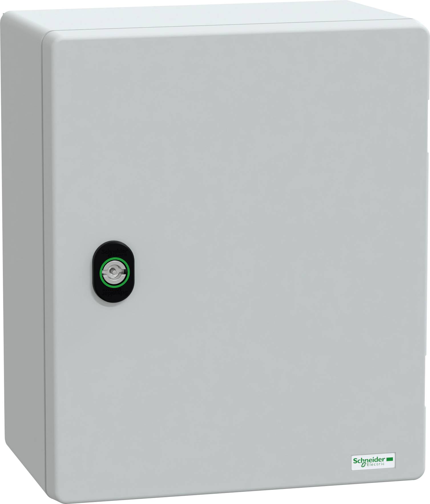 Graue Metall-Elektroverteilerschrank mit Schlüsselschloss, hergestellt von Schneider Electric. Geeignet zum Schutz von elektrischen Komponenten.