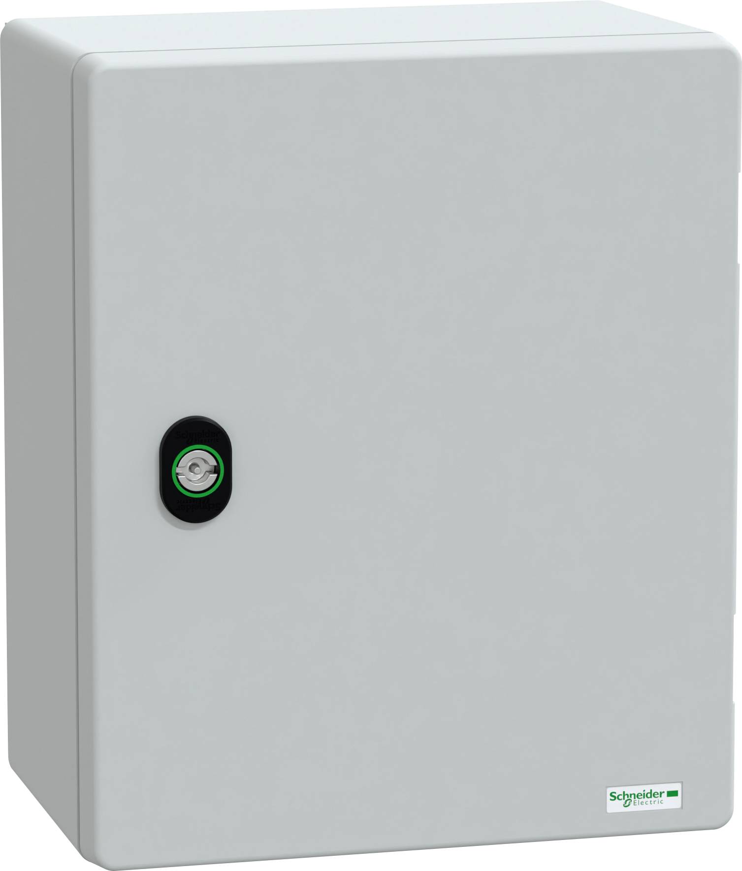 Graues elektrisches Gehäuse mit einem schwarzen Griff und Schneider Electric Logo in der unteren rechten Ecke.