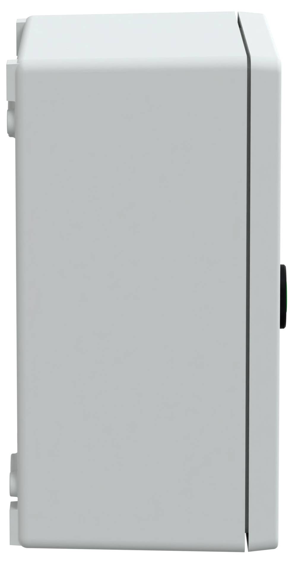 Eine graue, rechteckige Elektrobox, von der Seite betrachtet, mit glatter Oberfläche und Scharnieren am linken Rand.