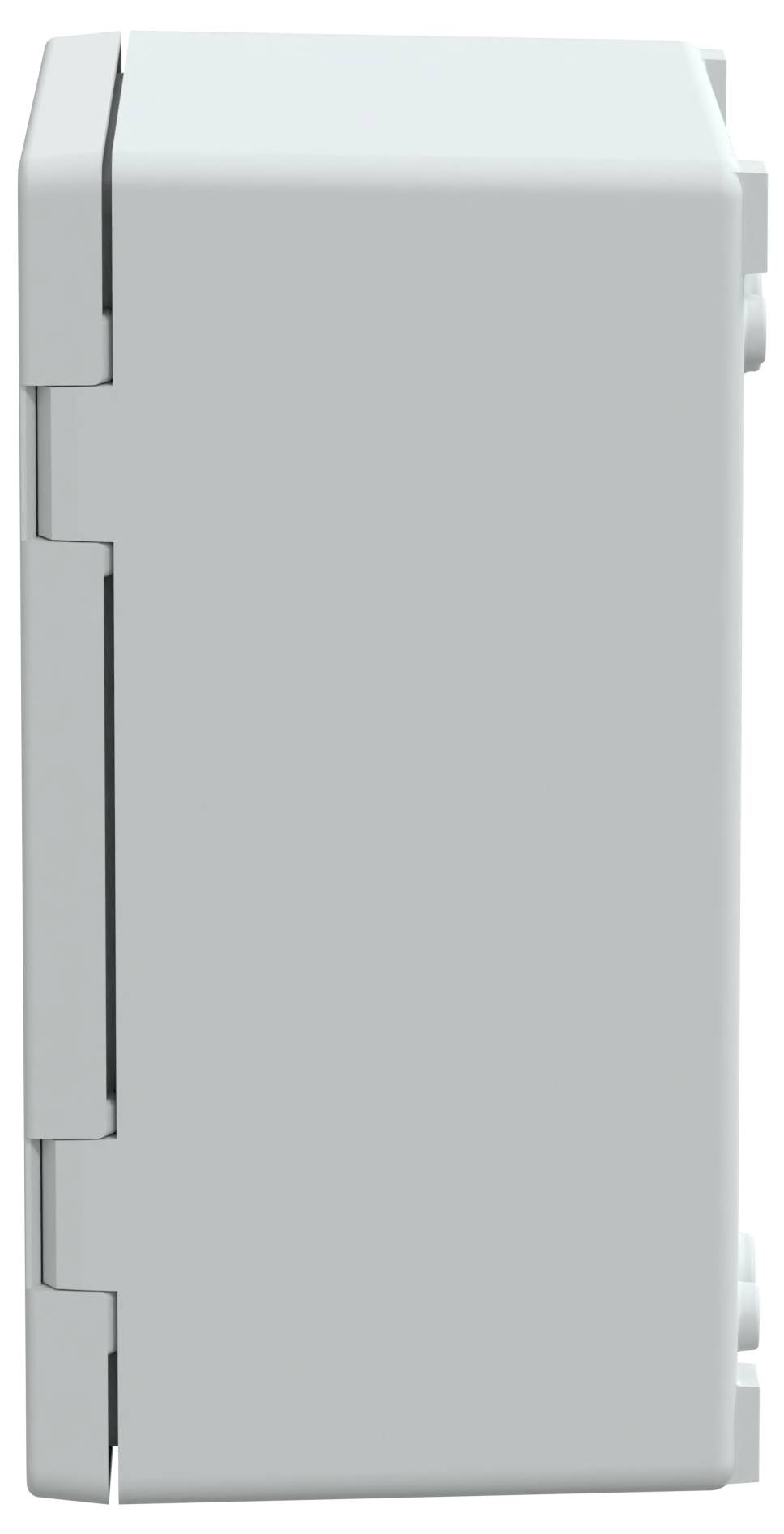 Seitenansicht eines geschlossenen rechteckigen grauen Versorgungsverteilerkastens mit sichtbaren Scharnieren, der zur Unterbringung elektrischer Anschlüsse verwendet wird.