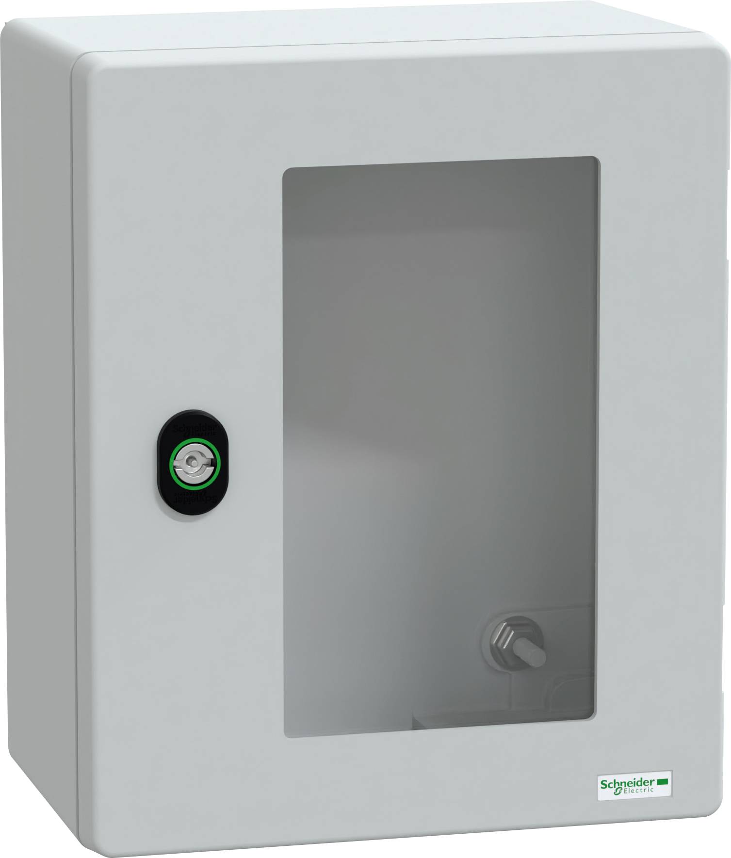 Eine graue, wandmontierte elektrische Steuerbox mit transparentem Frontpanel, Schlüsselschloss und 'Schneider Electric' Logo in der unteren rechten Ecke.