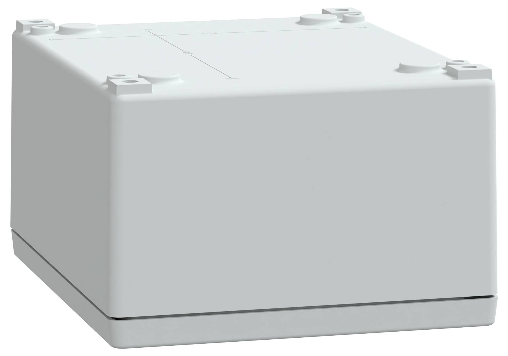 Eine graue rechteckige Box, von einem Winkel aus betrachtet, mit leichten Schatten darunter und erhabenen kreisförmigen Elementen auf den oberen Ecken.