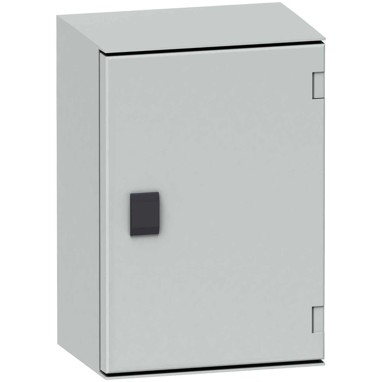 Metallverkleideter Schrank mit schwarzem Griff, an der Wand montiert. Hauptsächlich zur Aufbewahrung von Elektrokomponenten verwendet.