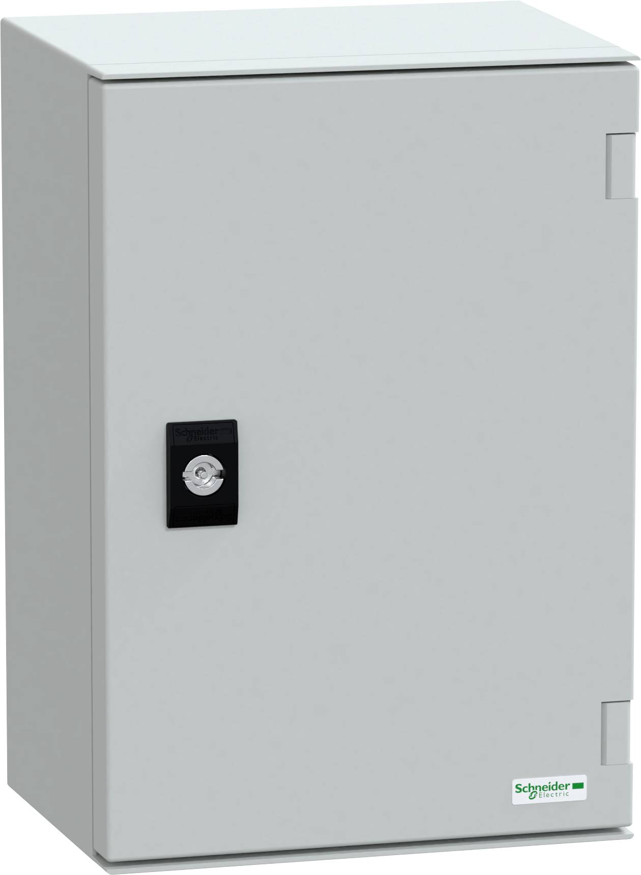 Ein grauer Metallschaltschrank mit einem Schloss und dem Schneider Electric-Logo.