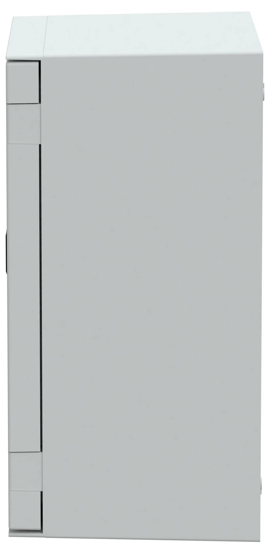 Ein hoher, rechteckiger, schlichter weißer Aktenschrank mit geschlossenen Türen und sichtbaren Scharnieren an der Seite.