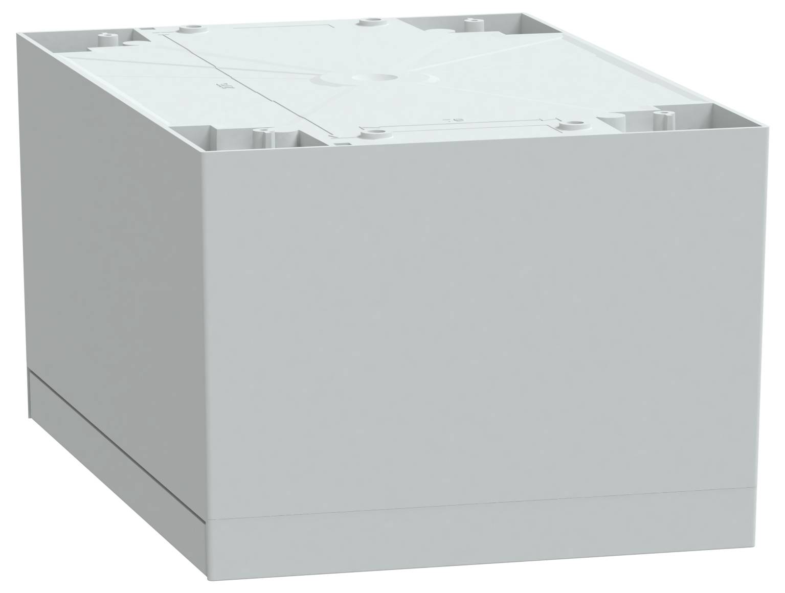 Eine 3D-Darstellung einer einfachen, grauen, kubischen Box ohne sichtbare Markierungen oder Merkmale.