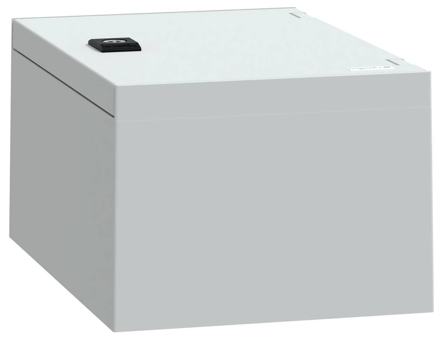 Eine schlichte rechteckige Metallbox mit einem schwarzen rechteckigen Stück oben drauf.