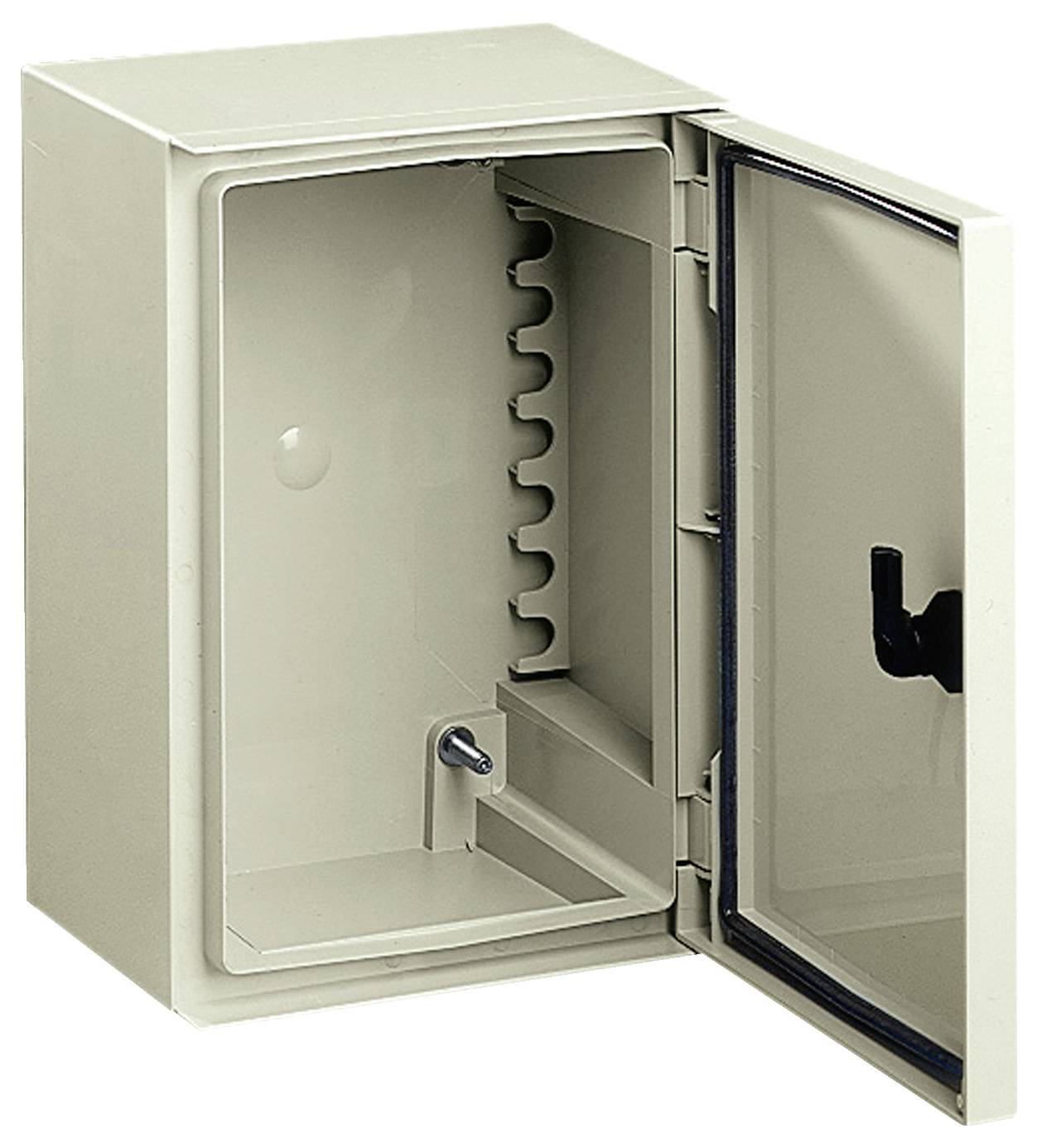 Metallschlüsselschrank mit geöffneter Tür, die Innenhaken zur Schlüssellagerung zeigt, geeignet zur Organisation und Sicherung mehrerer Schlüssel.