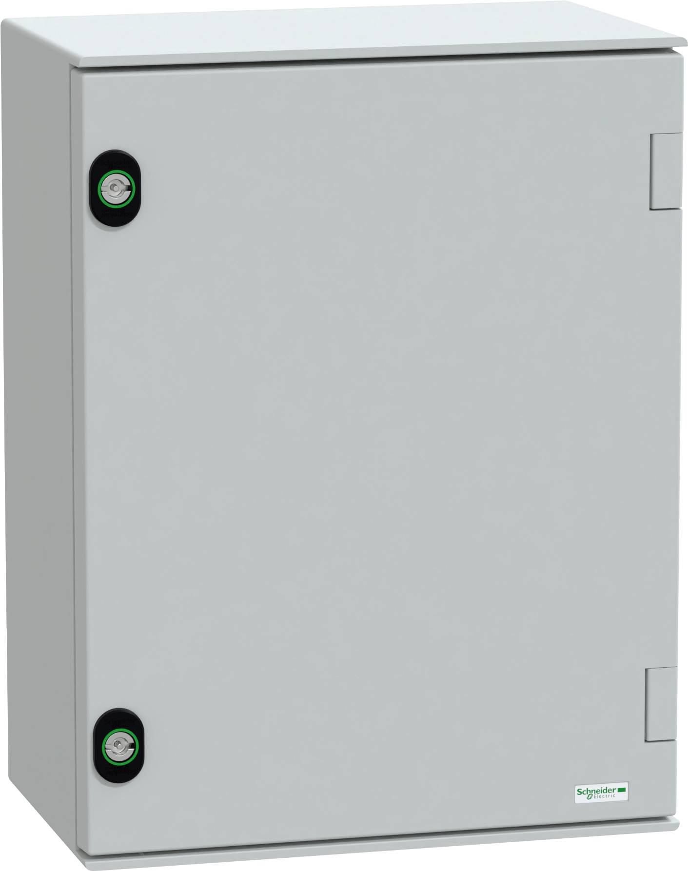 Ein grauer Schaltschrank mit einem Schneider Electric-Logo in der unteren rechten Ecke, der zwei Verschlussriegel auf der linken Seite aufweist.