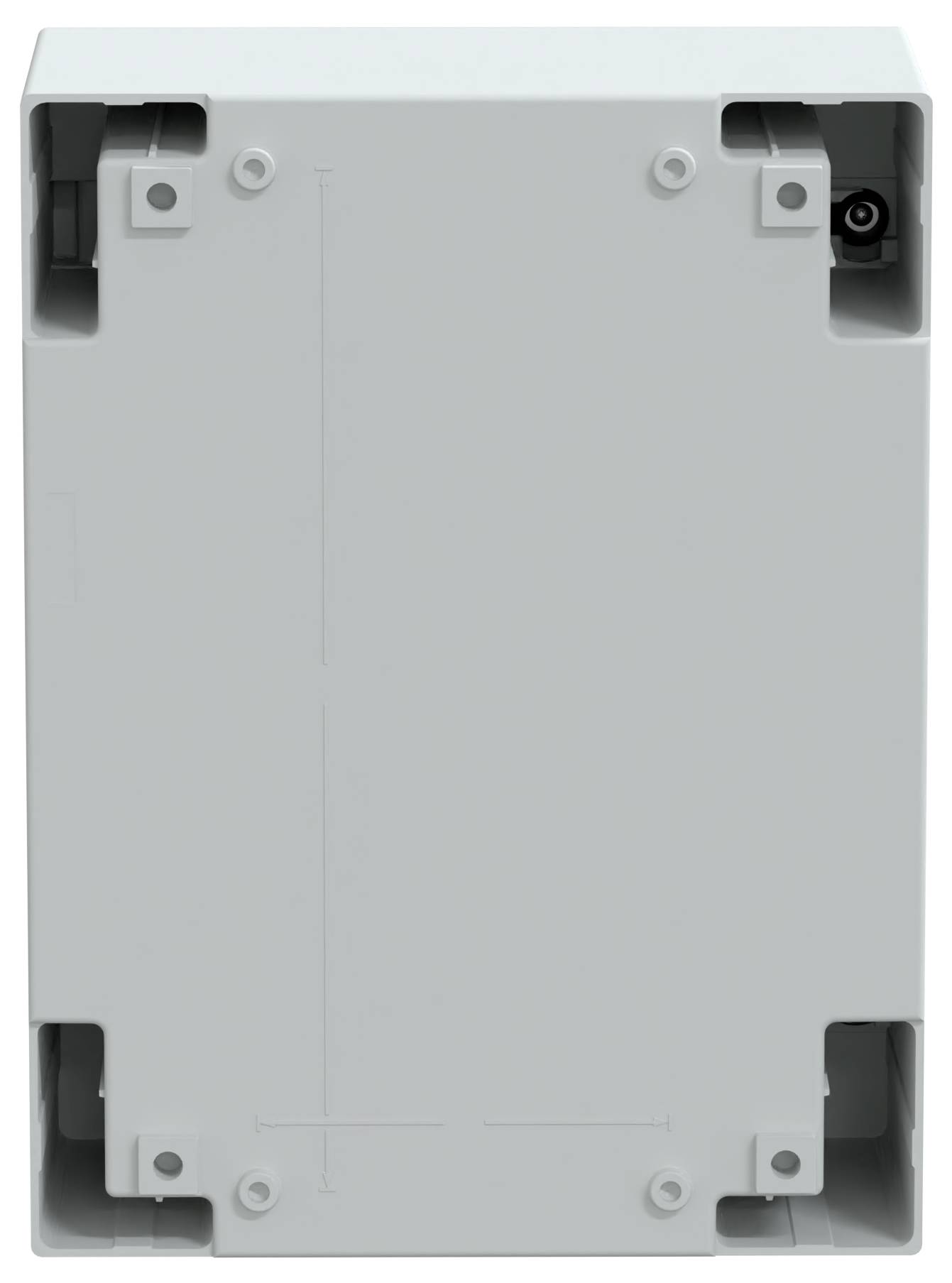 Graue rechteckige Box mit Befestigungslöchern in jeder Ecke und einem Anschluss auf der oberen rechten Seite, vermutlich für elektrische oder elektronische Komponenten.