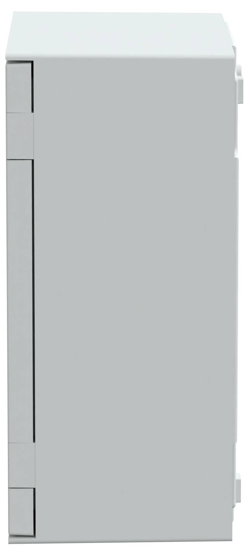 Eine weiße, rechteckige Gehäuse mit sichtbaren Scharnieren auf der linken Seite, die typischerweise für elektronische Geräte oder Versorgungseinrichtungen verwendet wird.