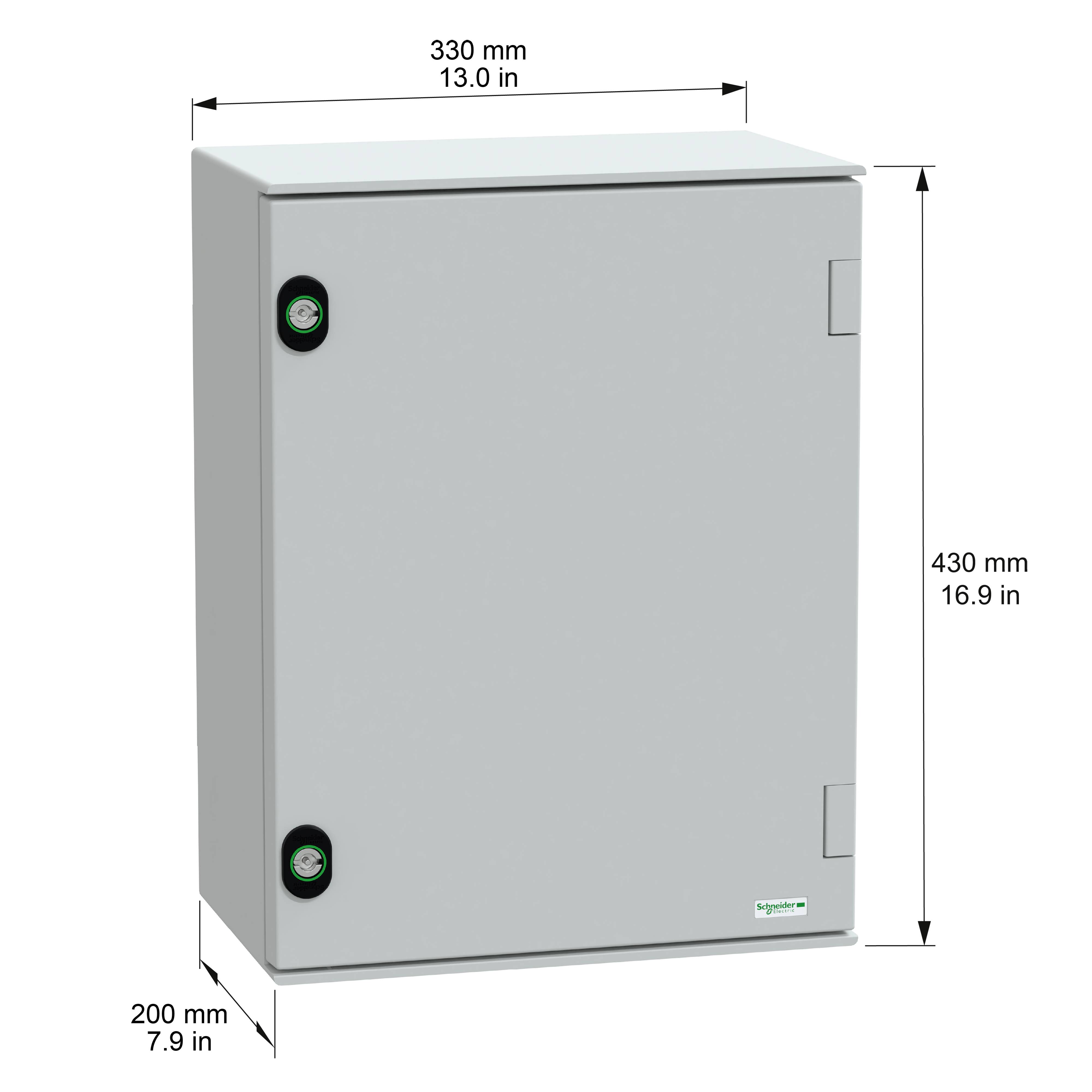 Ein rechteckiges elektrisches Gehäuse mit beschrifteten Abmessungen: 330 mm (13,0 Zoll) breit, 430 mm (16,9 Zoll) hoch und 200 mm (7,9 Zoll) tief.