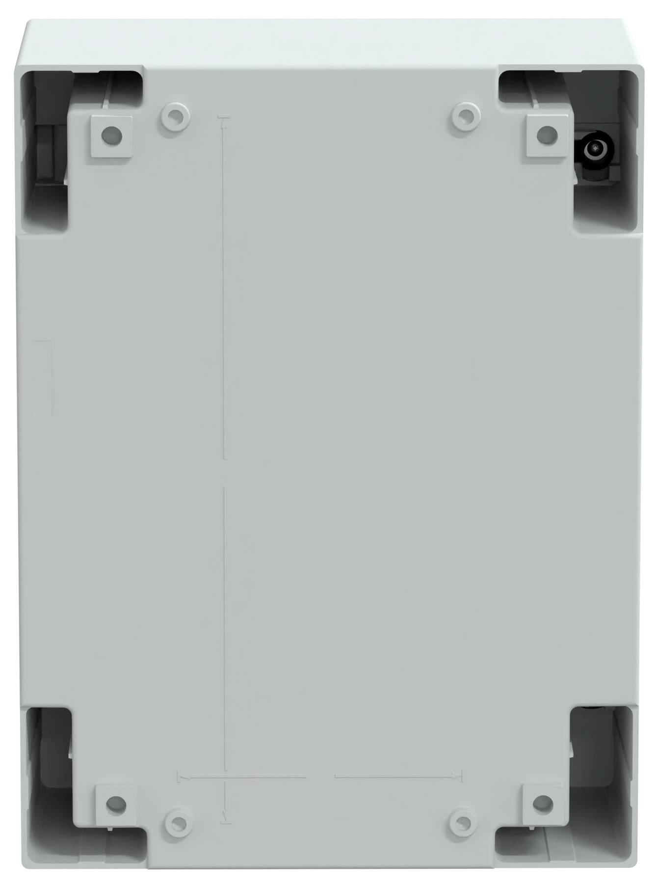 Eine rechteckige, graue elektrische Box mit Schraubenöffnungen an den Ecken auf weißem Hintergrund.