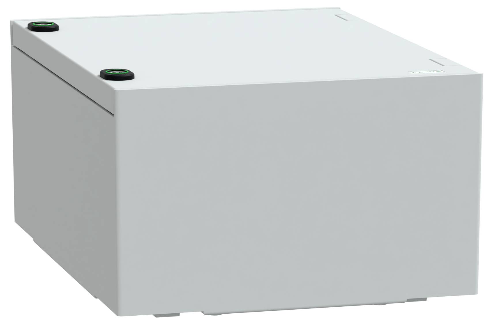 Metallisches elektrisches Gerätegehäuse mit zwei schwarzen Tasten auf der Oberseite, verwendet zur Aufnahme von elektronischen Bauteilen oder Anschlüssen.