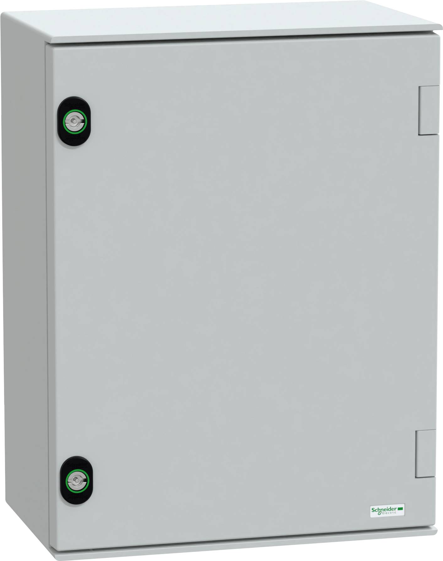 Ein grauer Metallschaltschrank mit zwei schwarzen kreisförmigen Verschlüssen und einem kleinen Schneider Electric Logo in der unteren rechten Ecke.
