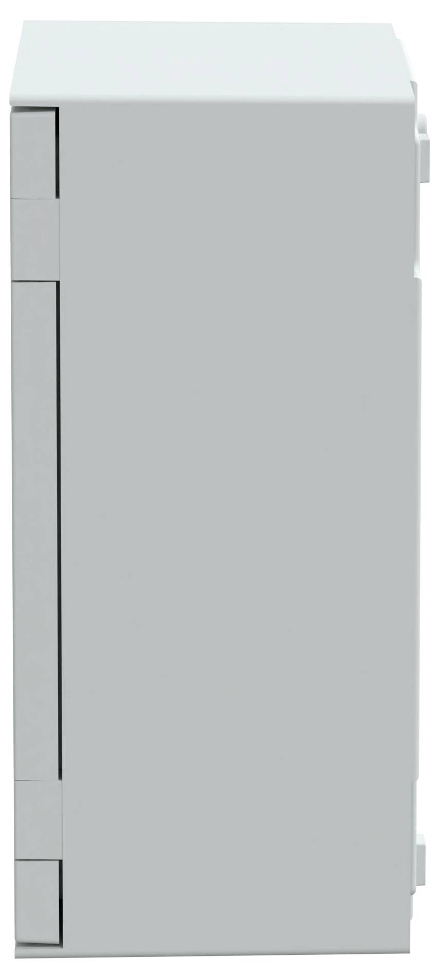 Ein geschlossener weißer Elektroschrank, von der Seite betrachtet, mit sichtbaren Scharnieren und Verschluss, vor einem einfarbigen Hintergrund.