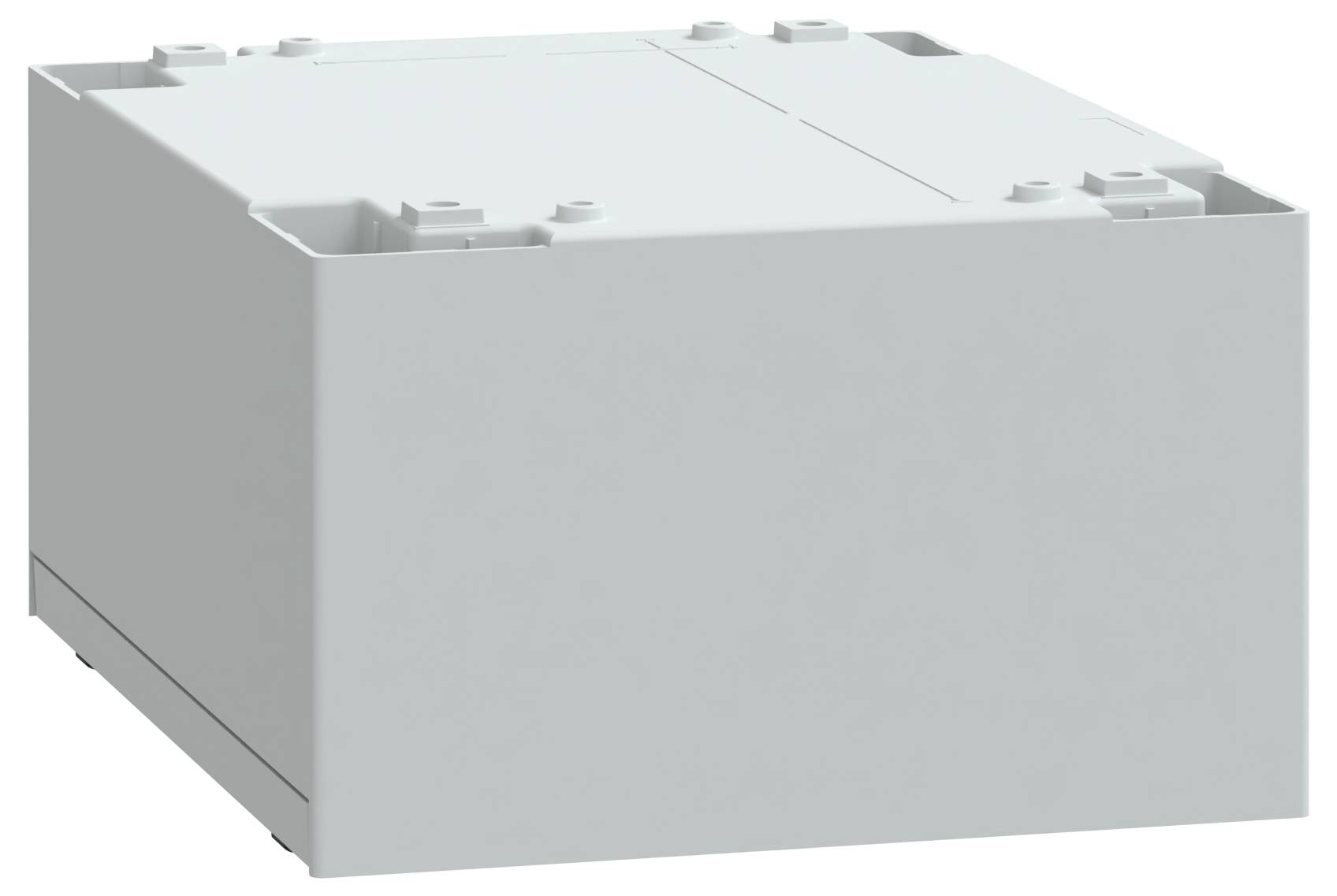 Eine weiße rechteckige elektrische Verteilerdose mit einem einfachen, soliden Design und mehreren Befestigungspunkten oben.