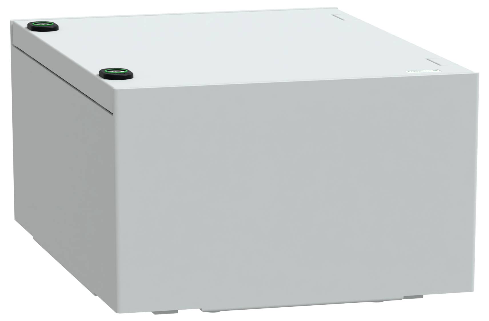 Eine weiße, rechteckige Metallbox mit zwei runden, schwarzen Knöpfen auf den oberen Ecken, möglicherweise ein industrielles oder elektronisches Gerätegehäuse.