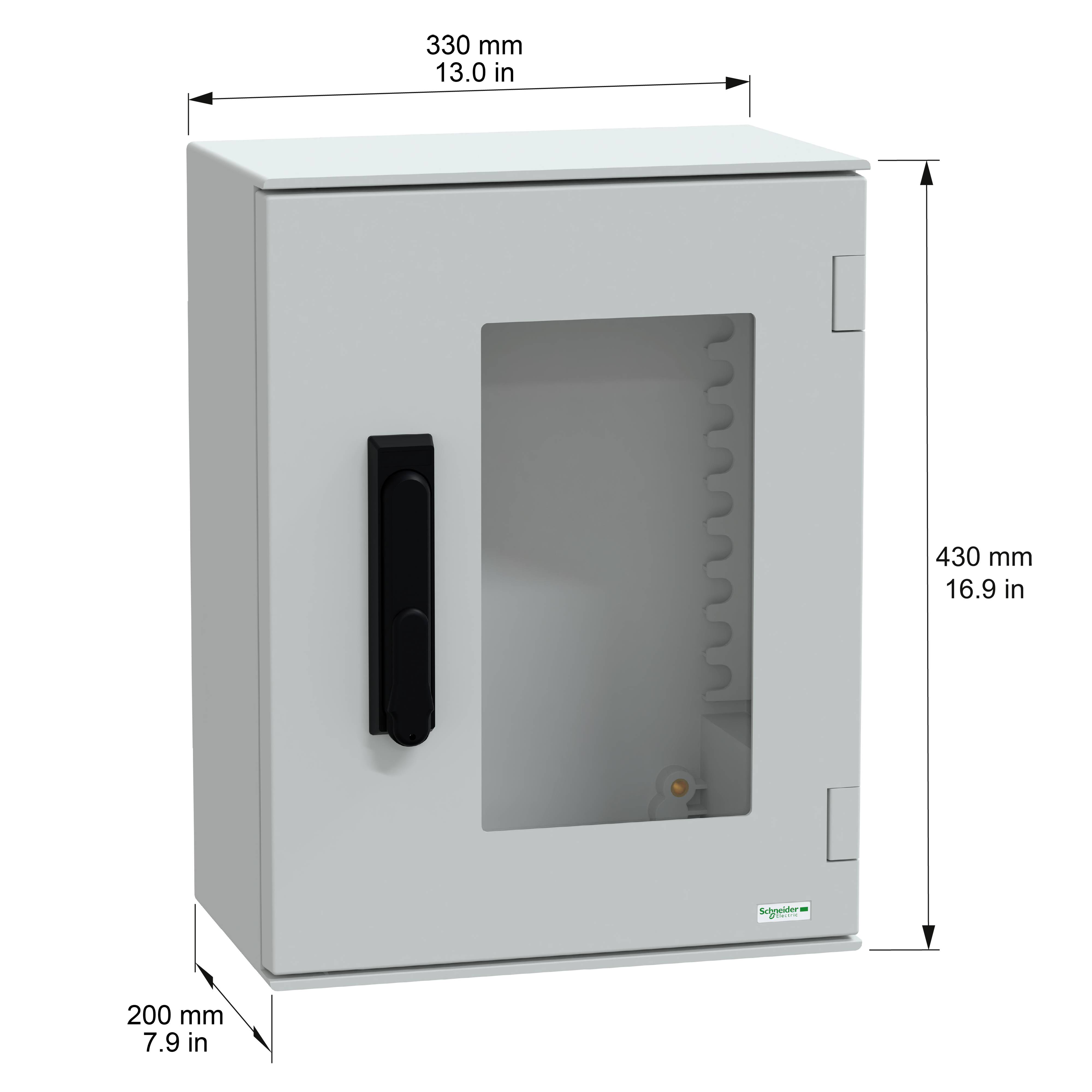 Schneider Electric Gehäuse, Frontansicht mit Abmessungen: 330 mm (13,0 Zoll) Breite, 430 mm (16,9 Zoll) Höhe, 200 mm (7,9 Zoll) Tiefe.