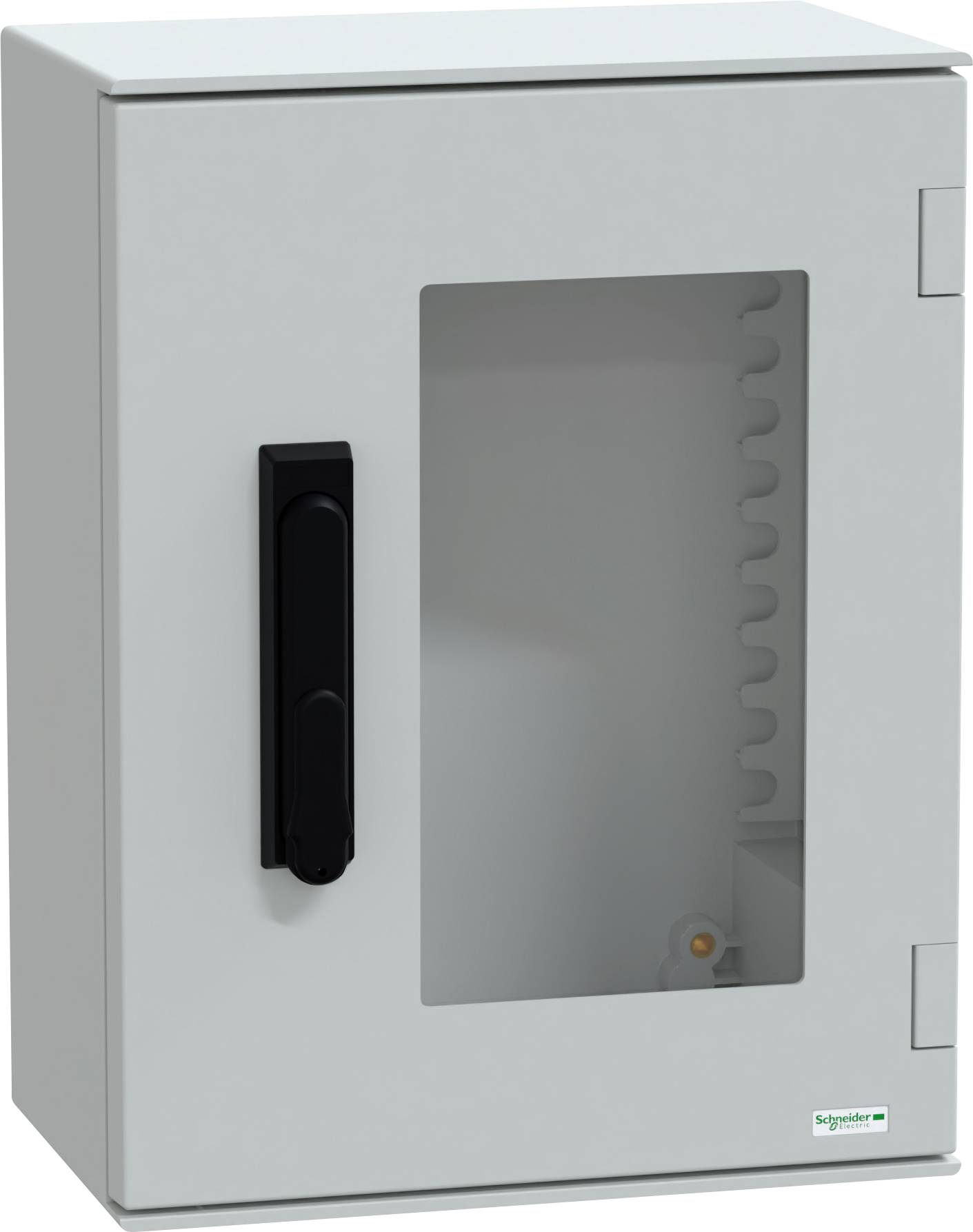 Ein grauer Elektroschrank mit einer transparenten Fronttür und schwarzem Griff, der zur sicheren Unterbringung elektronischer Komponenten dient.