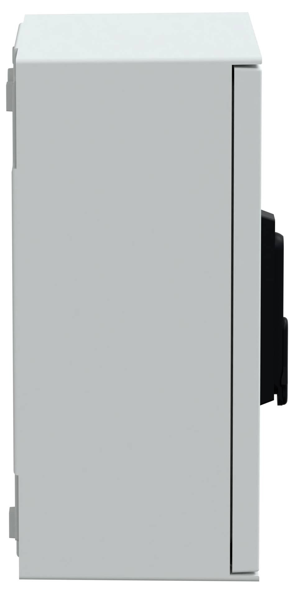 Seitenansicht eines geschlossenen, weißen rechteckigen Elektrogehäuses mit einem schwarzen Verschluss auf der rechten Seite.
