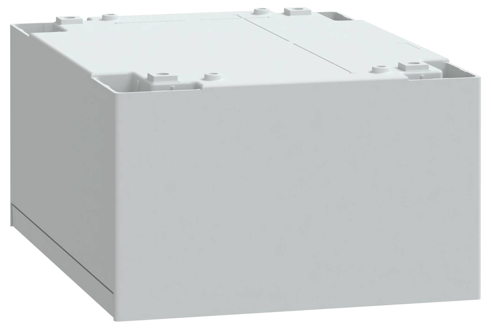 Eine graue, rechteckige Box mit Vorsprüngen oben, möglicherweise eine Komponente für Montage oder Konstruktion.