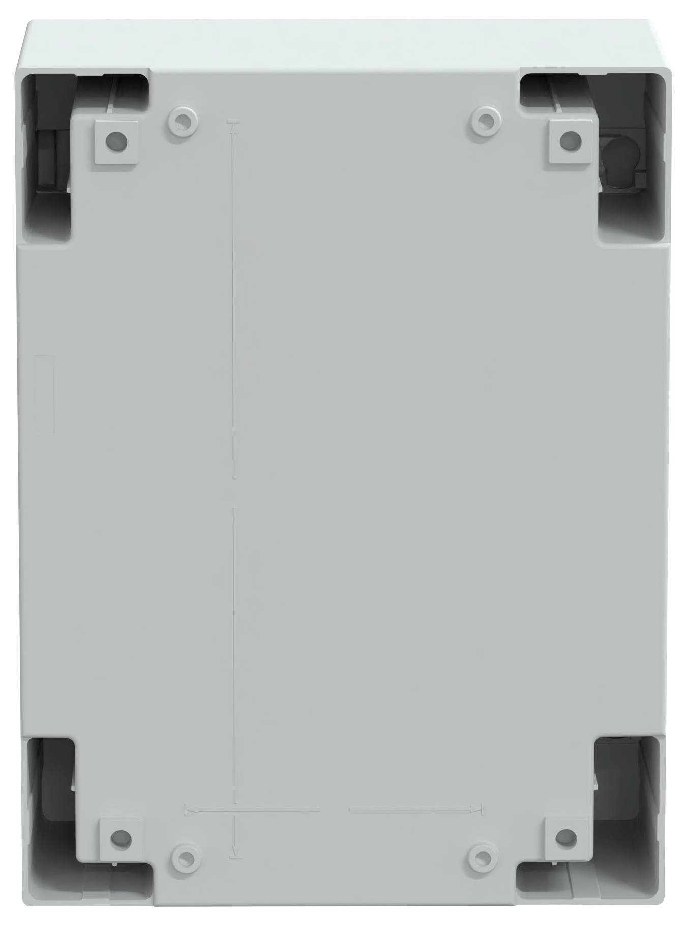 Ein grauer rechteckiger elektronischer Gehäuse mit Befestigungslöchern in jeder Ecke. Das Design scheint für die Wandmontage oder Paneelinstallation geeignet zu sein.