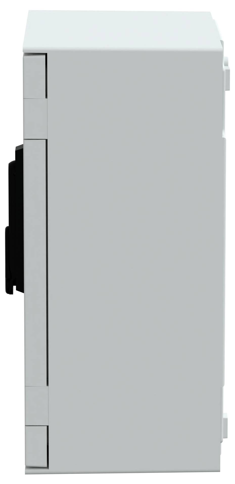 Eine weiße elektrische Ausrüstungsbox, von der Seite betrachtet, mit einer glatten Oberfläche und einem schwarzen Griff auf der linken Seite.