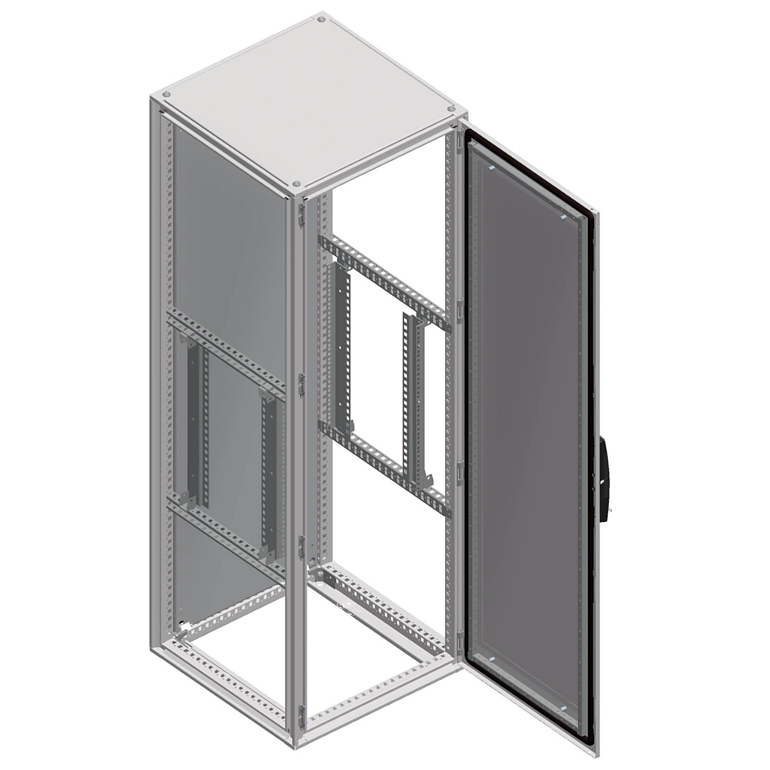 Offener Server-Schrank mit Metallrahmen, Glastür und mehreren Fächern für IT-Ausrüstung, perspektivisch von schräg oben gezeigt.