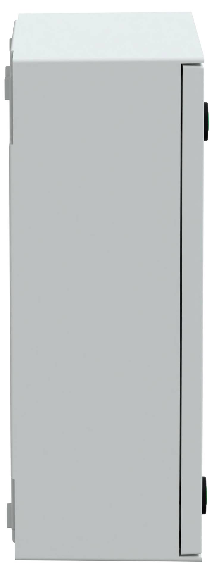 Eine geschlossene, rechteckige, graue Utility-Box mit glatter Oberfläche, von der Seite betrachtet, mit Scharnieren und schwarzen Knöpfen an den Seitenkanten.