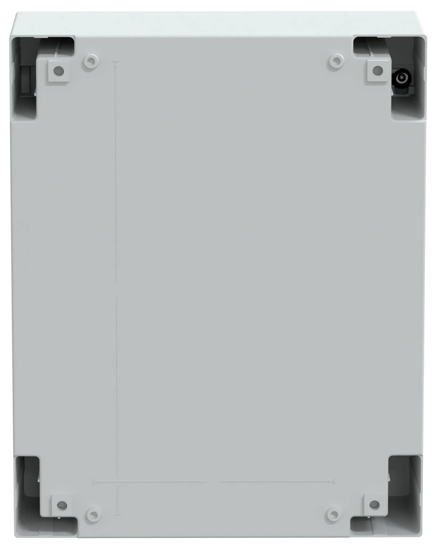 Eine rechteckige graue elektrische Box mit sichtbaren Schrauben an den Ecken.