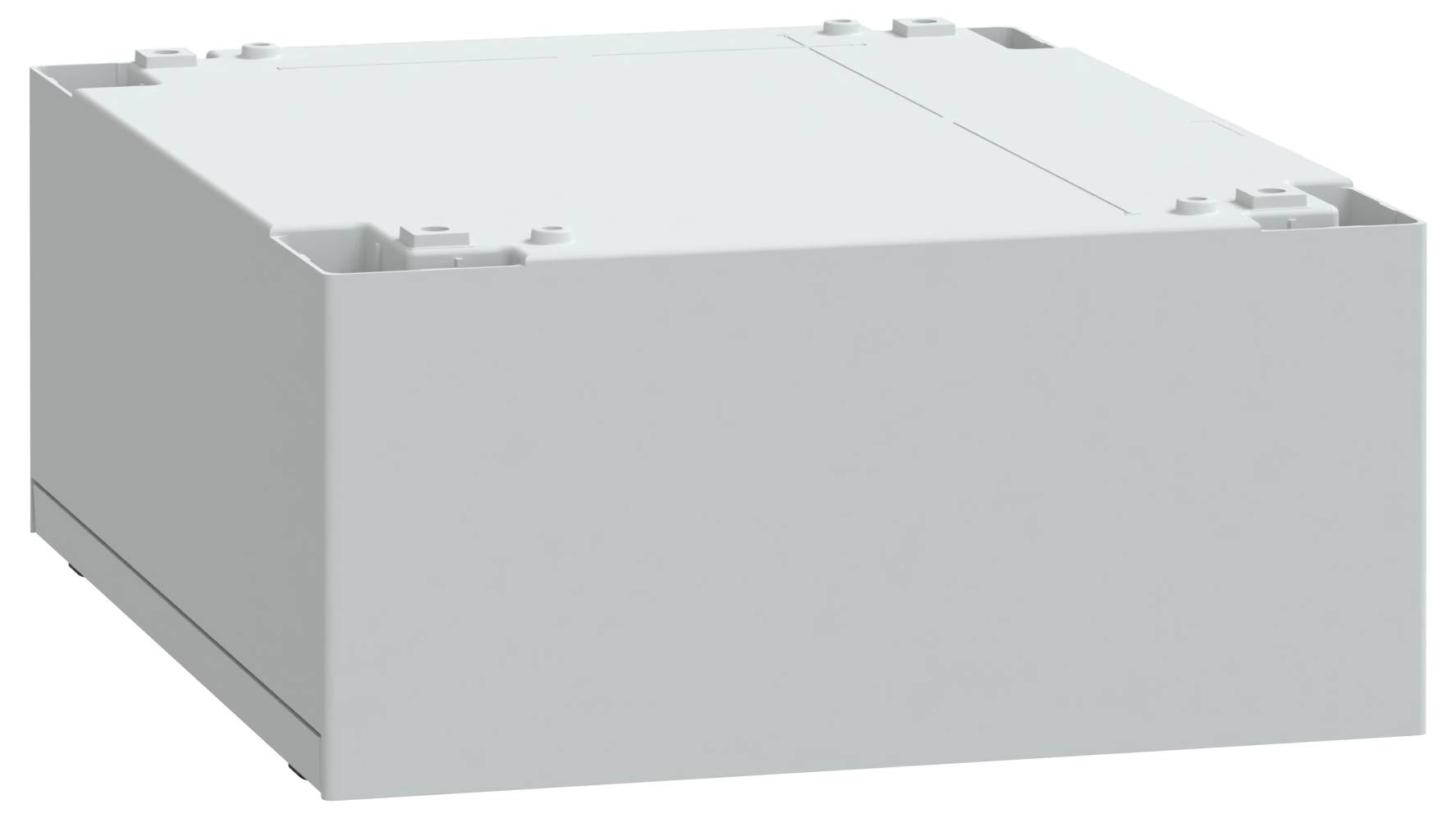 Ein rechteckiges, hellgraues Kunststoff-Elektronikgehäuse mit glatter Oberfläche und vier Befestigungsclips an den oberen Kanten.