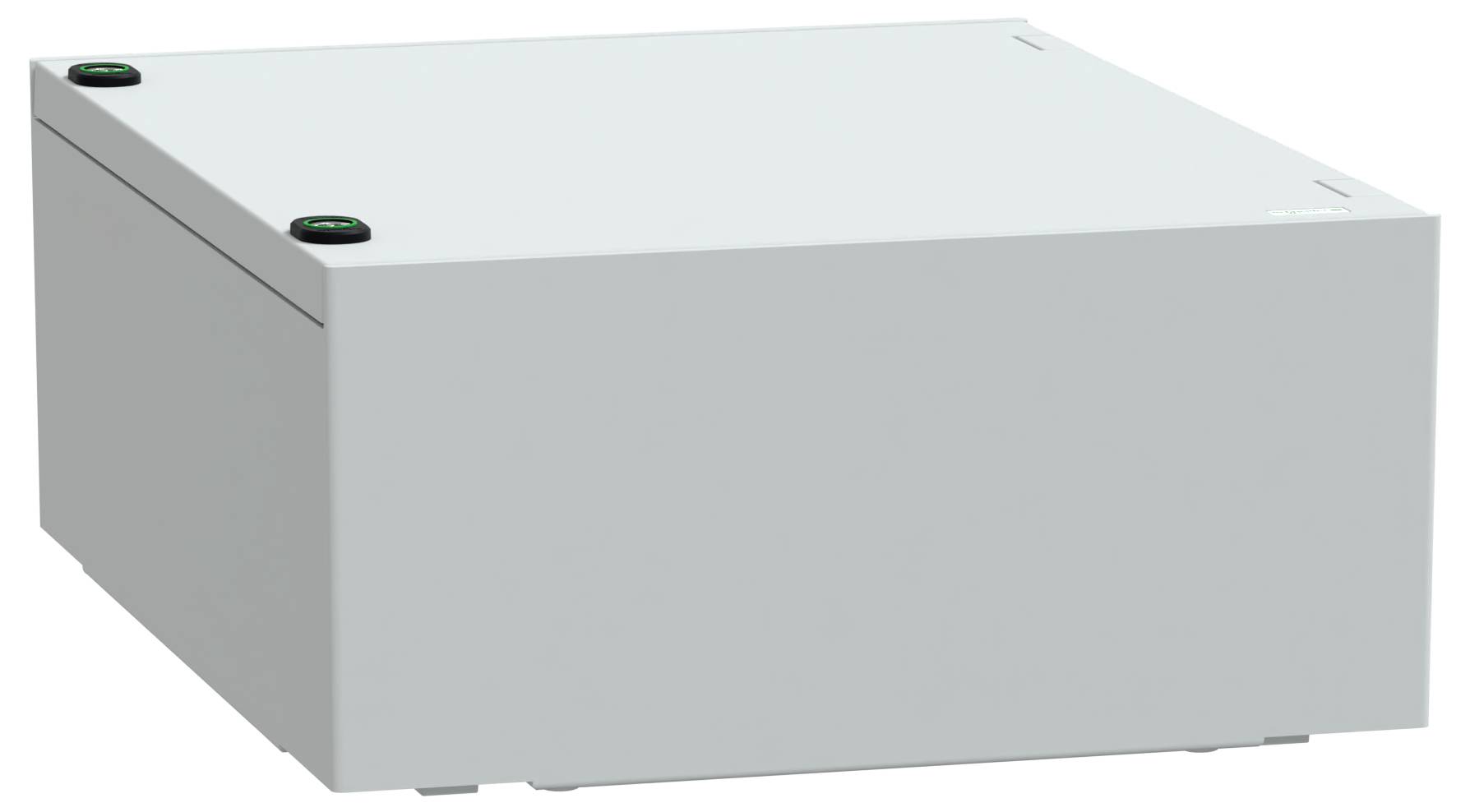 Eine schlichte graue Rechteckbox mit abgerundeten Kanten, die zwei kleine kreisförmige Elemente auf der Oberseite aufweist.