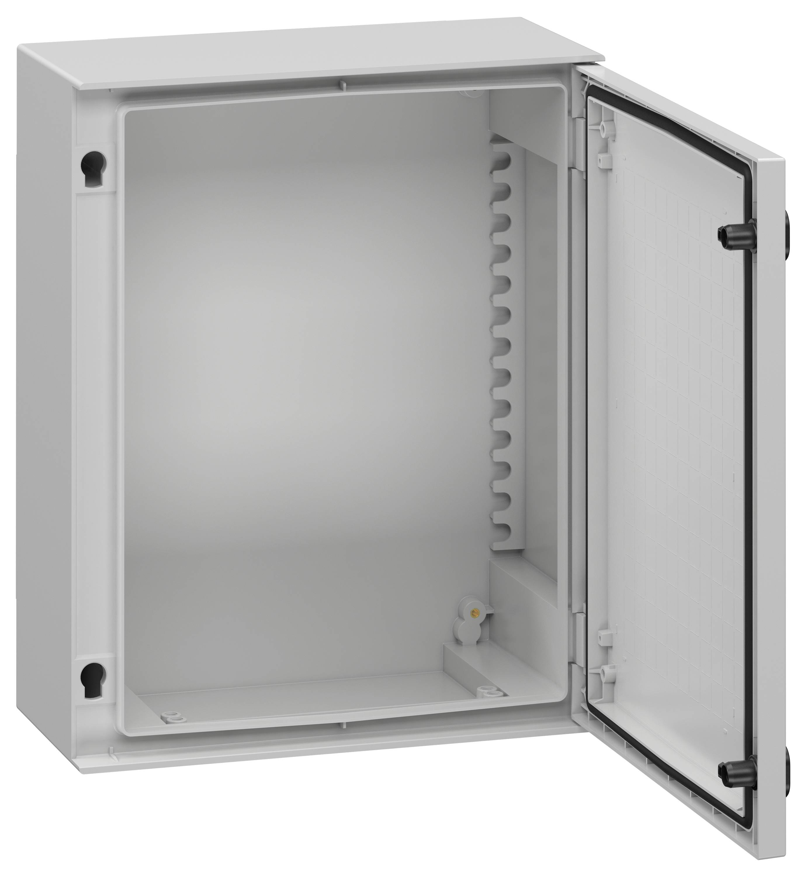 Eine offene graue Metallschaltschrank mit einer Tür mit Scharnier und einem schlichten Innenraum, konzipiert zur Unterbringung von elektrischen Komponenten.